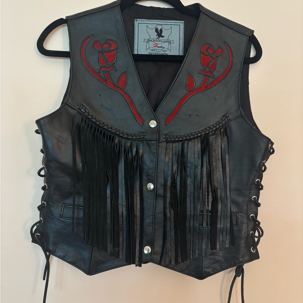 Black Leather Vest with Red Embroidery and Fringe